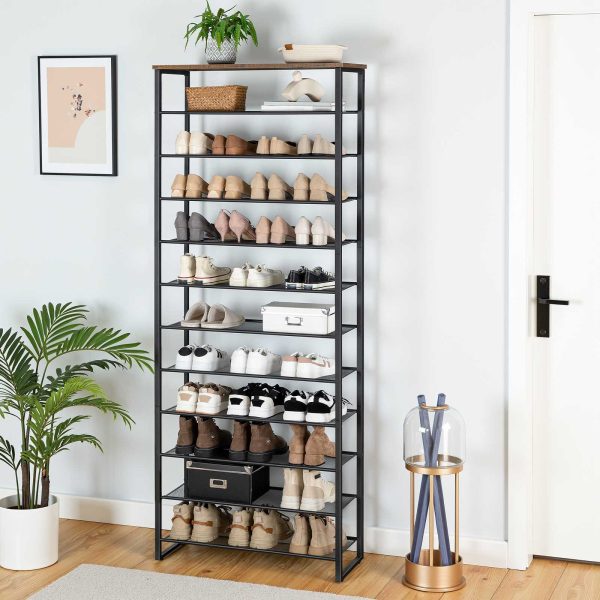 12-Scarpiera a livelli, Organizzatore per riporre scarpe di grande capacità, Ospita 35-45 Paia di scarpe, Cornice metallica, Stile industriale, Adatto per ingresso, Guardaroba, Corridoio, Soggiorno, Marrone rustico & Nero