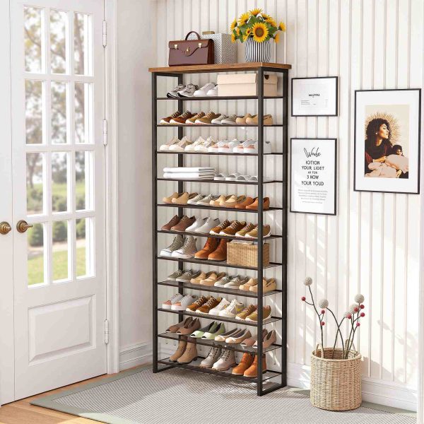 12-Scarpiera a livelli, Organizzatore per riporre scarpe di grande capacità, Ospita 35-45 Paia di scarpe, Cornice metallica, Stile industriale, Adatto per ingresso, Guardaroba, Corridoio, Soggiorno, Marrone rustico & Nero