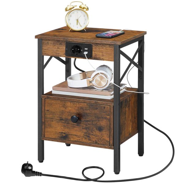 Multifunctional Bedside Side Table with Integrated Charging Station, Folding Drawer, USB Ports and Power Socket, Suitable for Bedroom, Vintage Brown-Black