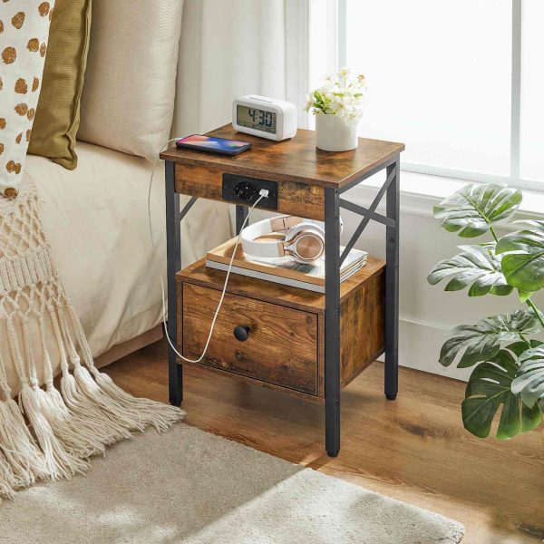 Multifunctional Bedside Side Table with Integrated Charging Station, Folding Drawer, USB Ports and Power Socket, Suitable for Bedroom, Vintage Brown-Black