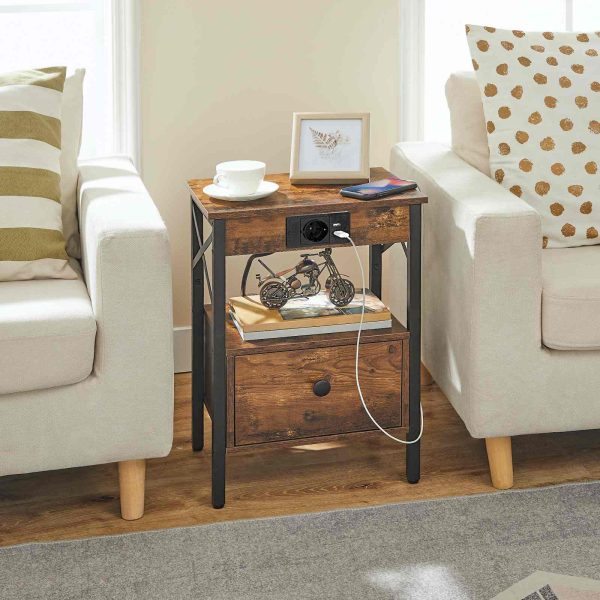 Multifunctional Bedside Side Table with Integrated Charging Station, Folding Drawer, USB Ports and Power Socket, Suitable for Bedroom, Vintage Brown-Black