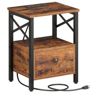 nachtkastje met laadstation, eindtafel met lade, USB -poorten en stroomuitlaten, boerderij nachtkastje nachtkastje tafel voor slaapkamer, ruimtebesparend, rustiek bruin