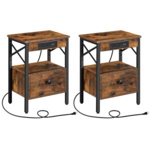 nightstands set of 2 with charging station, end table with drawer, usb ports and power outlets, farmhouse nightstand sofa table for bedroom, space saving, rustic brown and black