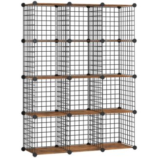 Maalaismainen ruskea ja musta kuutio säilytysjärjestäjä, Langan kuutiovarasto, 12-Kuutio metalliruudukon säilytyshylly, Modulaarinen kaappi, DIY -kuutio kirjahylly, olohuoneeseen, Makuuhuone, Opiskelu