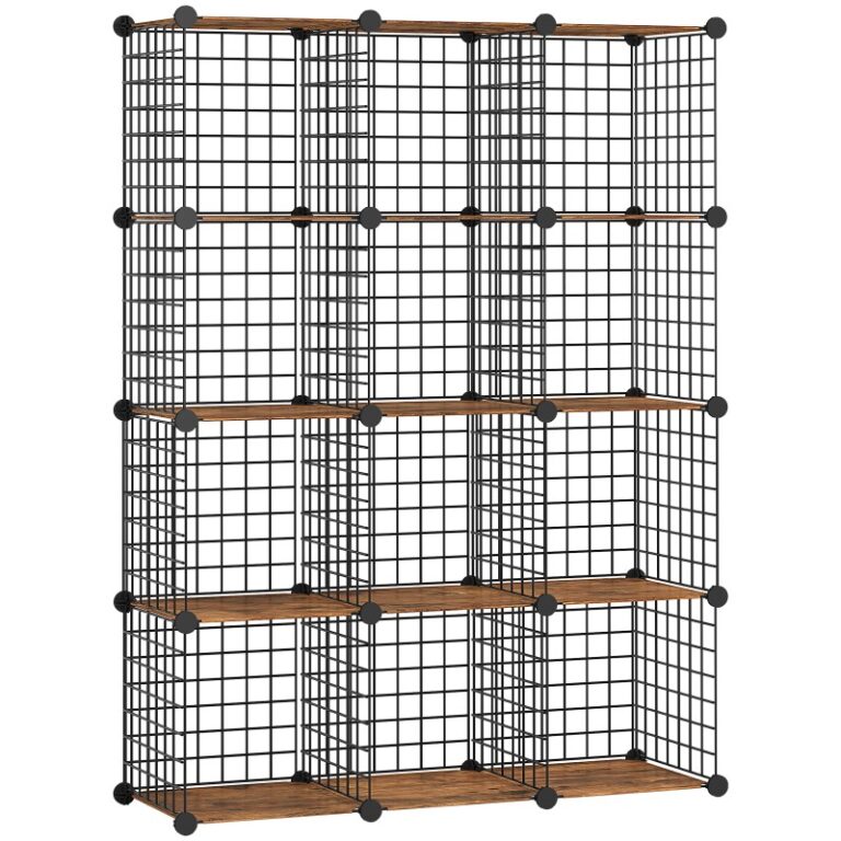 Rustikaler brauner und schwarzer Würfelspeicherorganisator, Drahtwürfel-Aufbewahrung, 12-Würfelförmiges Metallgitter-Lagerregal, Modularer Schrank, DIY Würfel-Bücherregal, für Wohnzimmer, Schlafzimmer, Studie