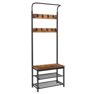 coat rack shoe bench, industrial hall tree with 3-tier storage shelves and 9 hooks, 3 in 1 design, entryway storage bench in living room hallway doorway, metal frame, rustic brown