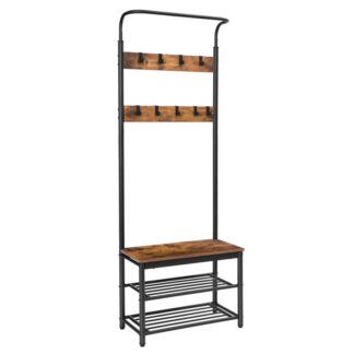 coat rack shoe bench, industrial hall tree with 3-tier storage shelves and 9 hooks, 3 in 1 design, entryway storage bench in living room hallway doorway, metal frame, rustic brown