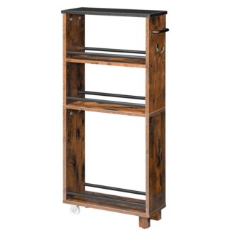 4-Stufe Slim Storage Cart, Schmaler Küchenspeicher mit Rädern und Beinen, Slim Rolling Storage Cart mit Griff und Haken für Badezimmer, Wäschekammer, rustikalbraun und schwarz