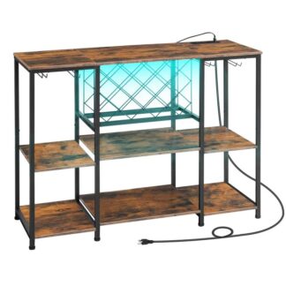 το ντουλάπι μπαρ κρασιού με λυχνίες LED και εξόδους ισχύος, τραπέζι κρασιού για ποτά και γυαλιά, ντουλάπι μπαρ με κρασί, για κουζίνα, τραπεζαρία, ρουστίκ καφέ και μαύρο