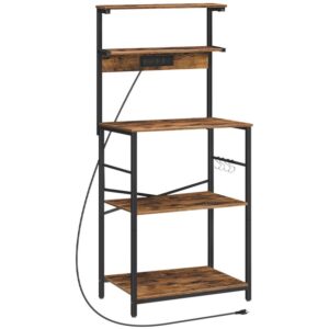 bakers rack with power outlet, 5-tiers microwave stand with storage, kitchen rack storage shelf with 4 s-shaped hooks, coffee bar, for kitchen, living room, rustic brown and black