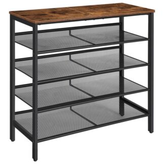 رف الأحذية, 5-تخزين أحذية الطبقة مع أرفف شبكية قابلة للتعديل, 16-20 أزواج من الأحذية, مستقرة ودائمة, قمة واسعة, قائما بذاته, معدن, صناعي, للدخول, خزانة, بني ريفي