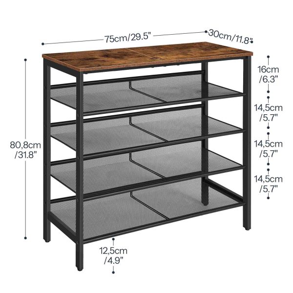 5-رف أحذية قائم بذاته, وحدة تخزين الأحذية بأرفف شبكية قابلة للتعديل, القدرة على 16-20 أزواج من الأحذية, مستقرة ودائمة, قمة واسعة, الطراز الصناعي المعدني, مناسبة للمدخل & خزانة, ريفي براون