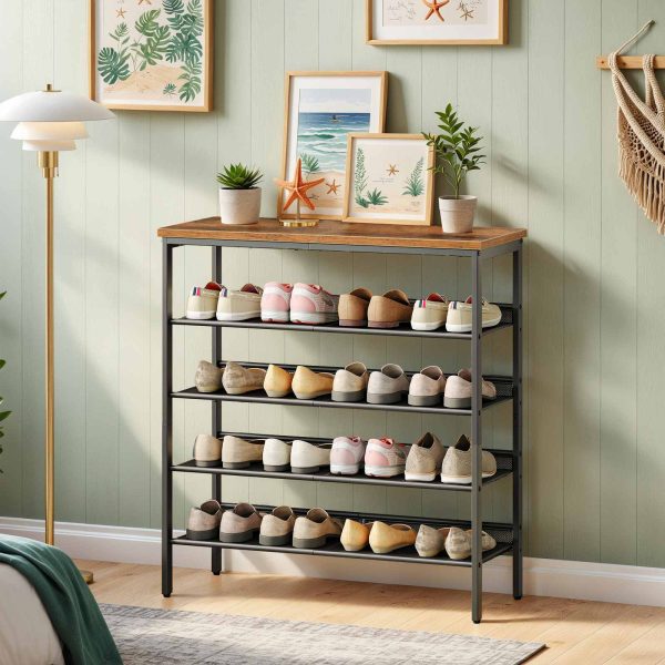 5-رف أحذية قائم بذاته, وحدة تخزين الأحذية بأرفف شبكية قابلة للتعديل, القدرة على 16-20 أزواج من الأحذية, مستقرة ودائمة, قمة واسعة, الطراز الصناعي المعدني, مناسبة للمدخل & خزانة, ريفي براون