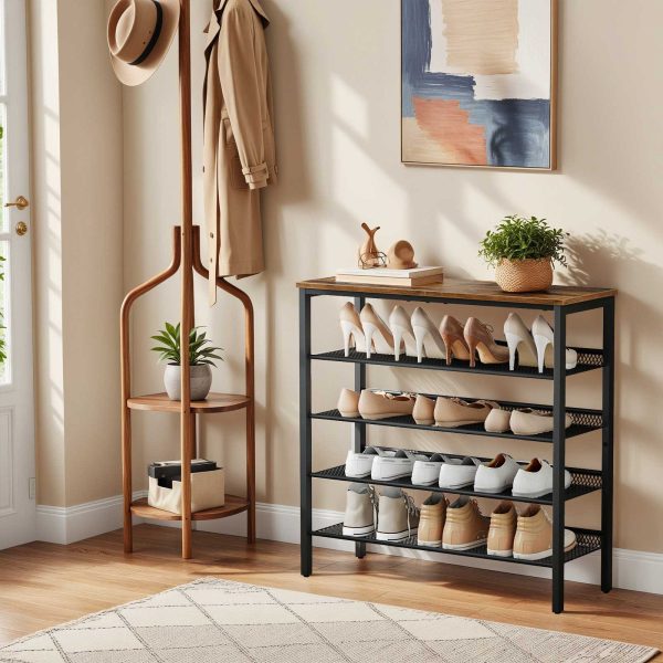 5-رف أحذية قائم بذاته, وحدة تخزين الأحذية بأرفف شبكية قابلة للتعديل, القدرة على 16-20 أزواج من الأحذية, مستقرة ودائمة, قمة واسعة, الطراز الصناعي المعدني, مناسبة للمدخل & خزانة, ريفي براون