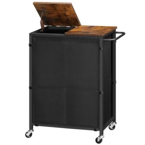 laundry basket with lid, 26.4 gal (100 l) laundry hamper with wheels, laundry sorter 2 section, removable bag for bathroom, bedroom, dorm, laundry room, rustic brown and black