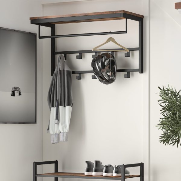 رف معطف مثبت على الحائط مع 10 خطافات, الجرف والقضبان, حل تخزين بني على الطراز الصناعي مناسب للممر, غرفة الجلوس, غرفة النوم والحمام