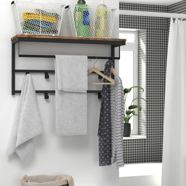 رف معطف مثبت على الحائط مع 10 خطافات, الجرف والقضبان, حل تخزين بني على الطراز الصناعي مناسب للممر, غرفة الجلوس, غرفة النوم والحمام