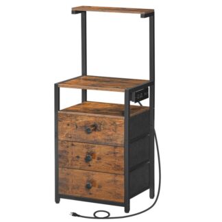 منضدة مع محطة شحن, نهاية الجدول مع 3 أدراج وأرفف تخزين, طاولة جانبية مع منافذ ومنافذ USB, طاولة بجانب السرير لغرفة النوم, ريفي البني والأسود