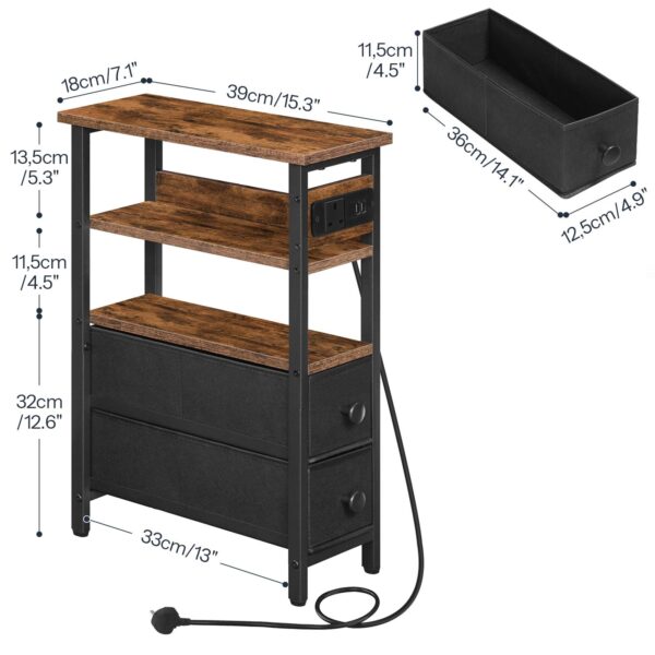 Príručný stolík s nabíjacou stanicou, Úzky bočný stolík s 2 Netkané zásuvky, Porty USB a zásuvka, 40 x 18 x 60 CM tenký nočný stolík pre malý priestor, Rustikálna hnedá a čierna