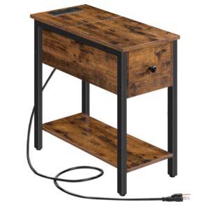 narrow side table, flip end table with charging station and shelves, usb ports & power outlets, nightstand for small spaces, stable and sturdy, for living room, bedroom, rustic brown