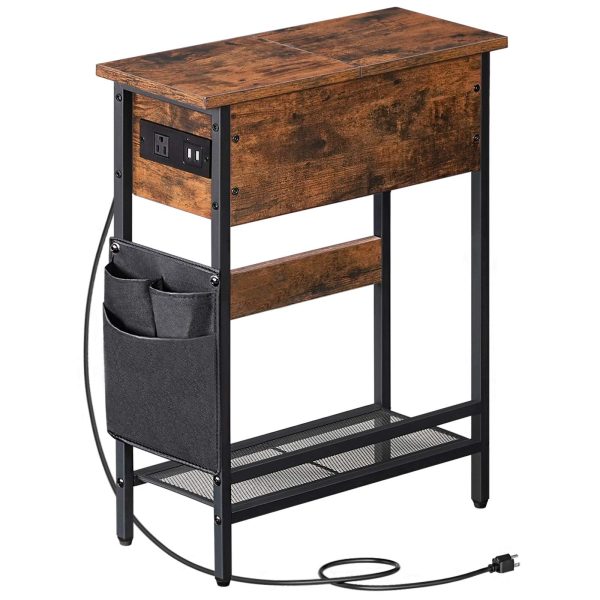 Narrow End Table with Charging Station, Flip-Top Slim Side Table, Multi-Functional Bedside Nightstand with Storage, Suitable for Small Spaces, Living Room & Bedroom, Rustic Brown & Black