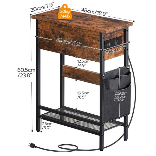 Narrow End Table with Charging Station, Flip-Top Slim Side Table, Multi-Functional Bedside Nightstand with Storage, Suitable for Small Spaces, Living Room & Bedroom, Rustic Brown & Black