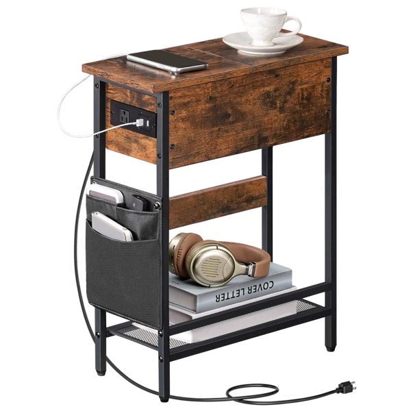 Narrow End Table with Charging Station, Flip-Top Slim Side Table, Multi-Functional Bedside Nightstand with Storage, Suitable for Small Spaces, Living Room & Bedroom, Rustic Brown & Black