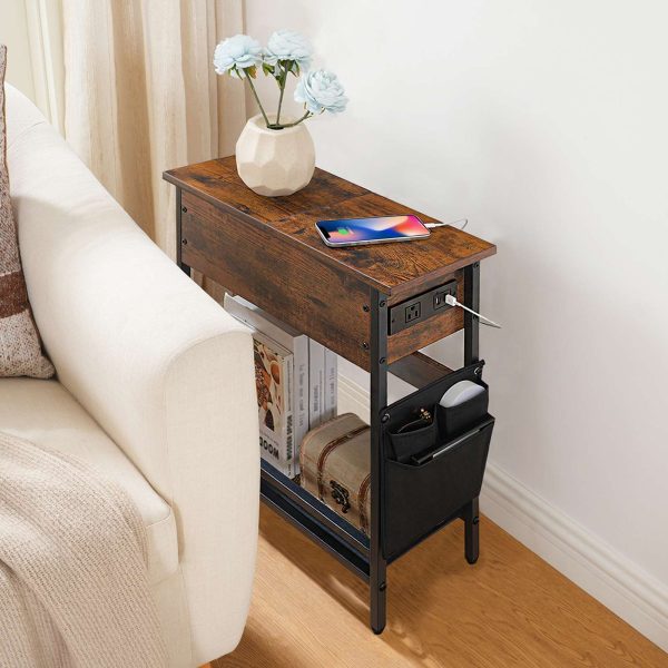 Narrow End Table with Charging Station, Flip-Top Slim Side Table, Multi-Functional Bedside Nightstand with Storage, Suitable for Small Spaces, Living Room & Bedroom, Rustic Brown & Black