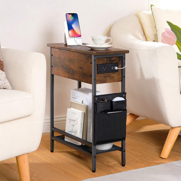 Narrow End Table with Charging Station, Flip-Top Slim Side Table, Multi-Functional Bedside Nightstand with Storage, Suitable for Small Spaces, Living Room & Bedroom, Rustic Brown & Black