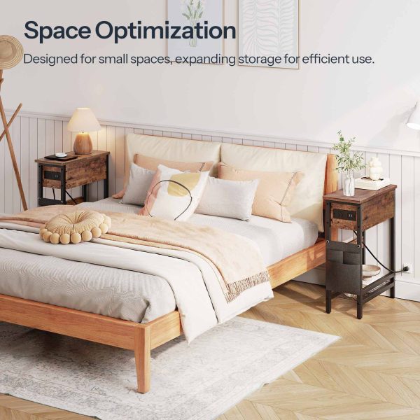 Narrow End Table with Charging Station, Flip-Top Slim Side Table, Multi-Functional Bedside Nightstand with Storage, Suitable for Small Spaces, Living Room & Bedroom, Rustic Brown & Black