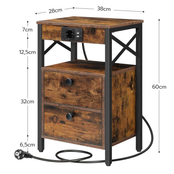 Comodino con stazione di ricarica, Tavolino multifunzionale dotato di 2 Cassetti pieghevoli e contenitori multistrato, Piedini regolabili, Marrone/Nero vintage, Adatto per soggiorni e camere da letto
