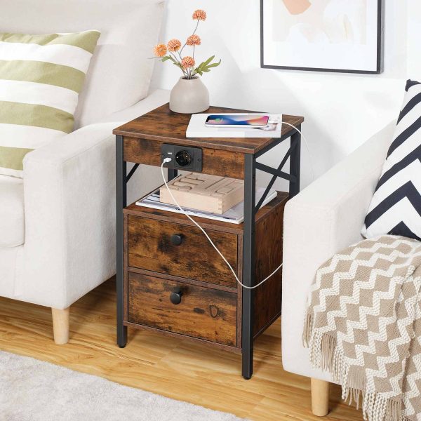 Comodino con stazione di ricarica, Tavolino multifunzionale dotato di 2 Cassetti pieghevoli e contenitori multistrato, Piedini regolabili, Marrone/Nero vintage, Adatto per soggiorni e camere da letto