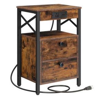 Comodino con stazione di ricarica, Tavolino con 2 Cassetto, Tavolino da divano con porta USB, Spazio di archiviazione multilivello, per camera da letto, Piedini regolabili, Stabile, Rustico marrone e nero