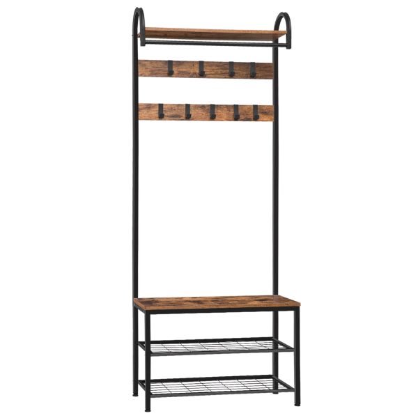 Rustykalne, brązowe, przemysłowe drzewo do przedpokoju 5 w 1 z ławką na buty, Wieszak na ubrania w przedpokoju z półką do przechowywania, Meble z metalową ramą, Łatwy montaż