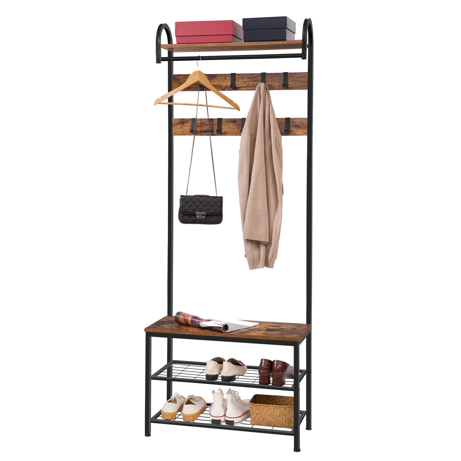 Rustic Brown Industrial 5-in-1 Hall Tree with Shoe Bench, Entryway Coat Rack with Storage Shelf, Metal Frame Accent Furniture, Assemblage facile