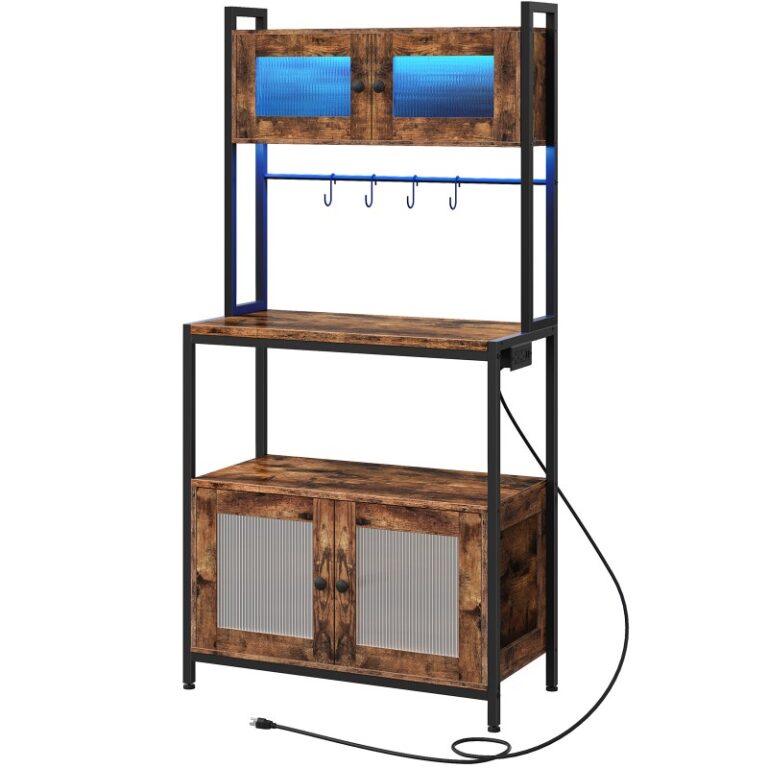 Padeiros marrons e pretos rústicos com armário de armazenamento, 5-Coffeear de camada com tomada e luzes LED, Stand de forno de microondas industrial com prateleiras, Prateleira de armazenamento de cozinha