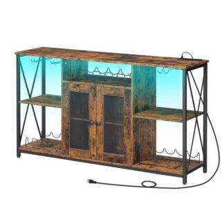 خزانة بار النبيذ مع أضواء LED ومنافذ الطاقة, خزانة بار القهوة للنظارات, خزانة بوفيه جانبية, خزانة المشروبات الكحولية لتناول الطعام, غرفة الجلوس, حاجِز, ريفي البني والأسود