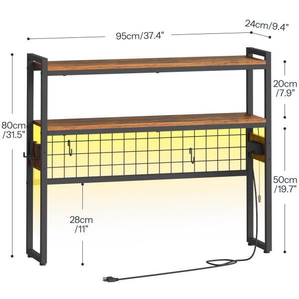 Desktop Bookcase, 2-Tier Desktop Organizer, Wooden Office Storage Rack with Power Outlets, Display Shelf with LED Light Strip, Desk Hutch for Office Use, Rustic Brown