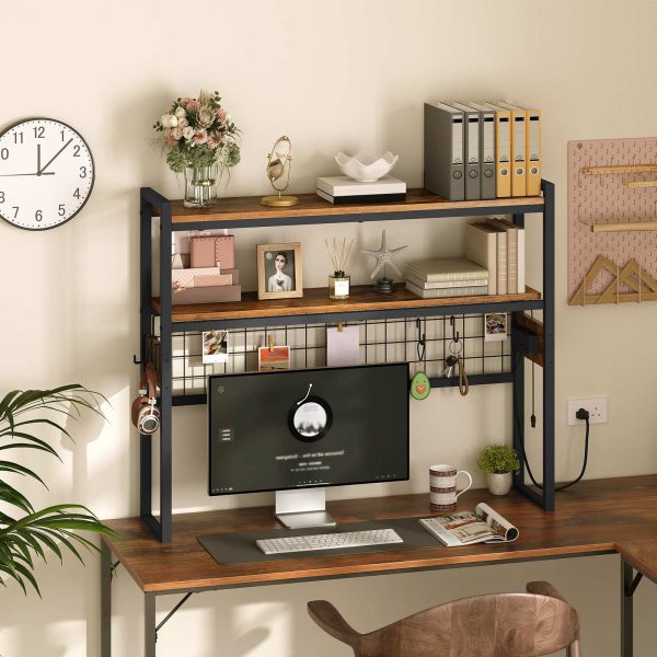 Desktop Bookcase, 2-Tier Desktop Organizer, Wooden Office Storage Rack with Power Outlets, Display Shelf with LED Light Strip, Desk Hutch for Office Use, Rustic Brown