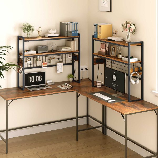 Desktop Bookcase, 2-Tier Desktop Organizer, Wooden Office Storage Rack with Power Outlets, Display Shelf with LED Light Strip, Desk Hutch for Office Use, Rustic Brown