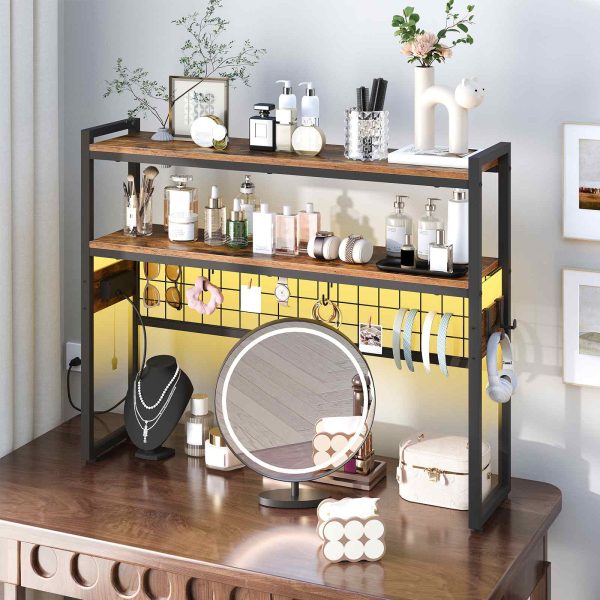 Desktop Bookcase, 2-Tier Desktop Organizer, Wooden Office Storage Rack with Power Outlets, Display Shelf with LED Light Strip, Desk Hutch for Office Use, Rustic Brown