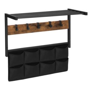 wall mounted coat rack, wall hook rack entrance hanger with 5 movable hooks and 8 storage bags, for entryway, bathroom, living room, industrial style, strong and stable