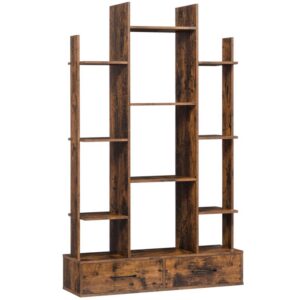 Bookshelf, Bookcase with 2 Drawers, Rustic Tree Shaped Wooden Bookshelves with 12 Storage Shelves, Free Standing Book Shelf for Bedroom, Home Office, Living Room,