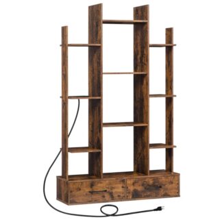 Étagère à livres, Bibliothèque avec station de recharge et 2 Rangement des tiroirs, Étagères rustiques en bois en forme d'arbre avec 12 Étagères de rangement, pour Chambre, Bureau à domicile, Salon