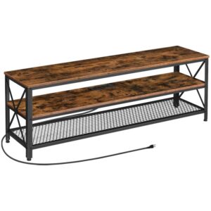 tv stand for tvs up to 65 inch with power outlets, industrial entertainment center console with open storage, 3-tier tv console table for living room, bedroom, 55 inch, rustic brown