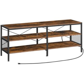 TV Stand with Power Outlets for TVs up to 65", 3-TIER TV Media Console asztal nyitott tárolópolcokkal, Ipari média szórakoztató központ a nappali számára, Hálószoba, Rusztikus barna