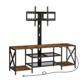 tv stand with mount and power outlet 55.1", entertainment center with swivel tv mount for tvs up to 65", TV -jalustan kiinnitys olohuoneen säilytyshyllyillä, makuuhuone, maalaismainen ruskea