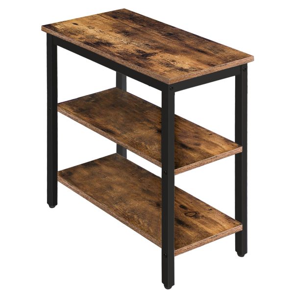 3-Tier Bedside Table, Industrial-Style Rustic Side Table with Open Storage Shelves, Narrow Nightstand for Compact Spaces, Easy Assembly, Suitable for Living Room & Entryway, Rustic Brown & Black Finish