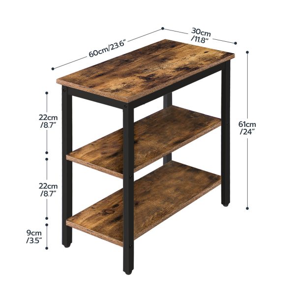 3-Tier Bedside Table, Industrial-Style Rustic Side Table with Open Storage Shelves, Narrow Nightstand for Compact Spaces, Easy Assembly, Suitable for Living Room & Entryway, Rustic Brown & Black Finish