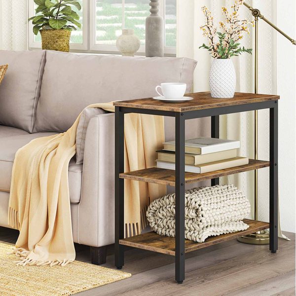 3-Tier Bedside Table, Industrial-Style Rustic Side Table with Open Storage Shelves, Narrow Nightstand for Compact Spaces, Easy Assembly, Suitable for Living Room & Entryway, Rustic Brown & Black Finish